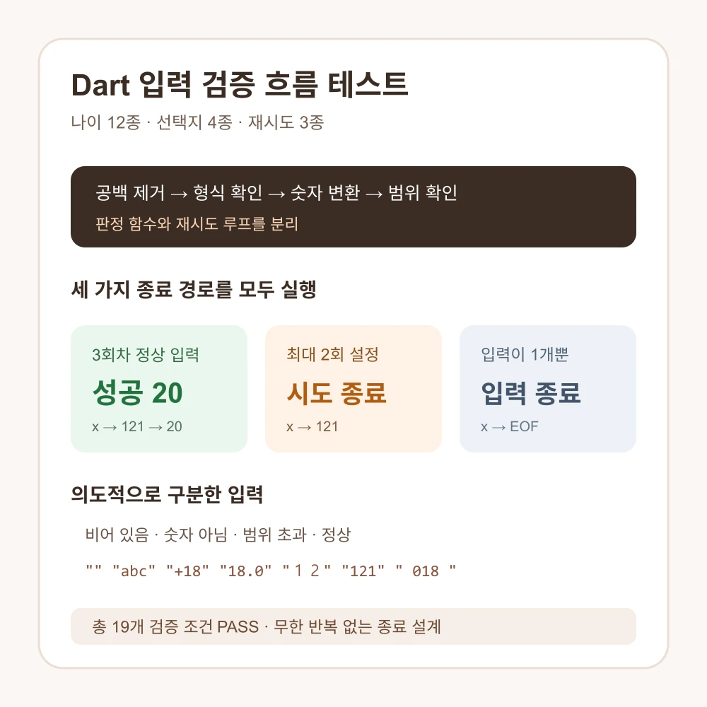 Dart 나이 입력 선택지와 재시도 종료 흐름을 19개 조건으로 직접 검증한 결과