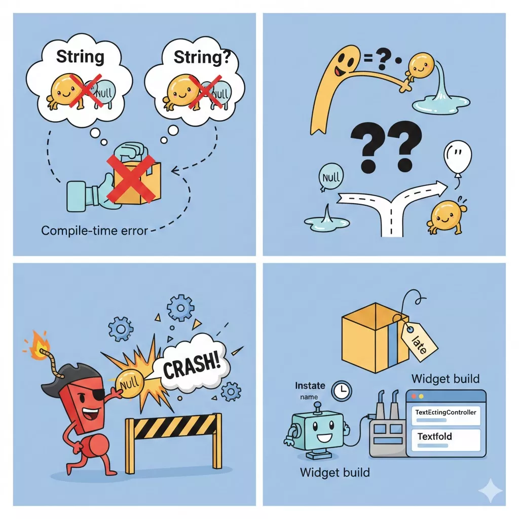 Null safety(널 안정성) ?, !, late 필요한 이유