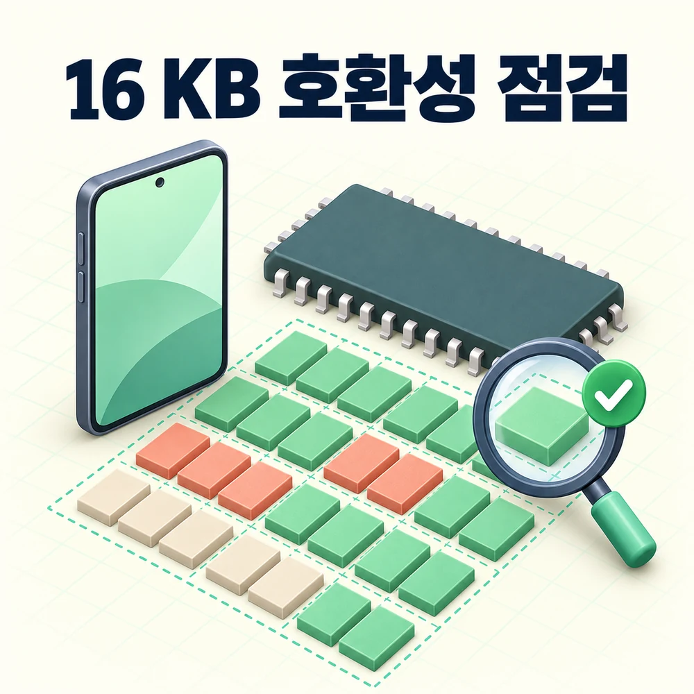 Android 앱의 16 KB 페이지 크기 호환성을 스마트폰과 메모리 칩, 정렬된 블록과 돋보기로 점검하는 일러스트