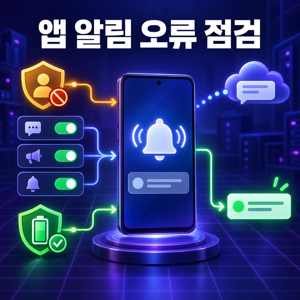 Android 앱 알림이 권한과 채널 및 배터리 제한을 통과해 표시되는 점검 과정 일러스트