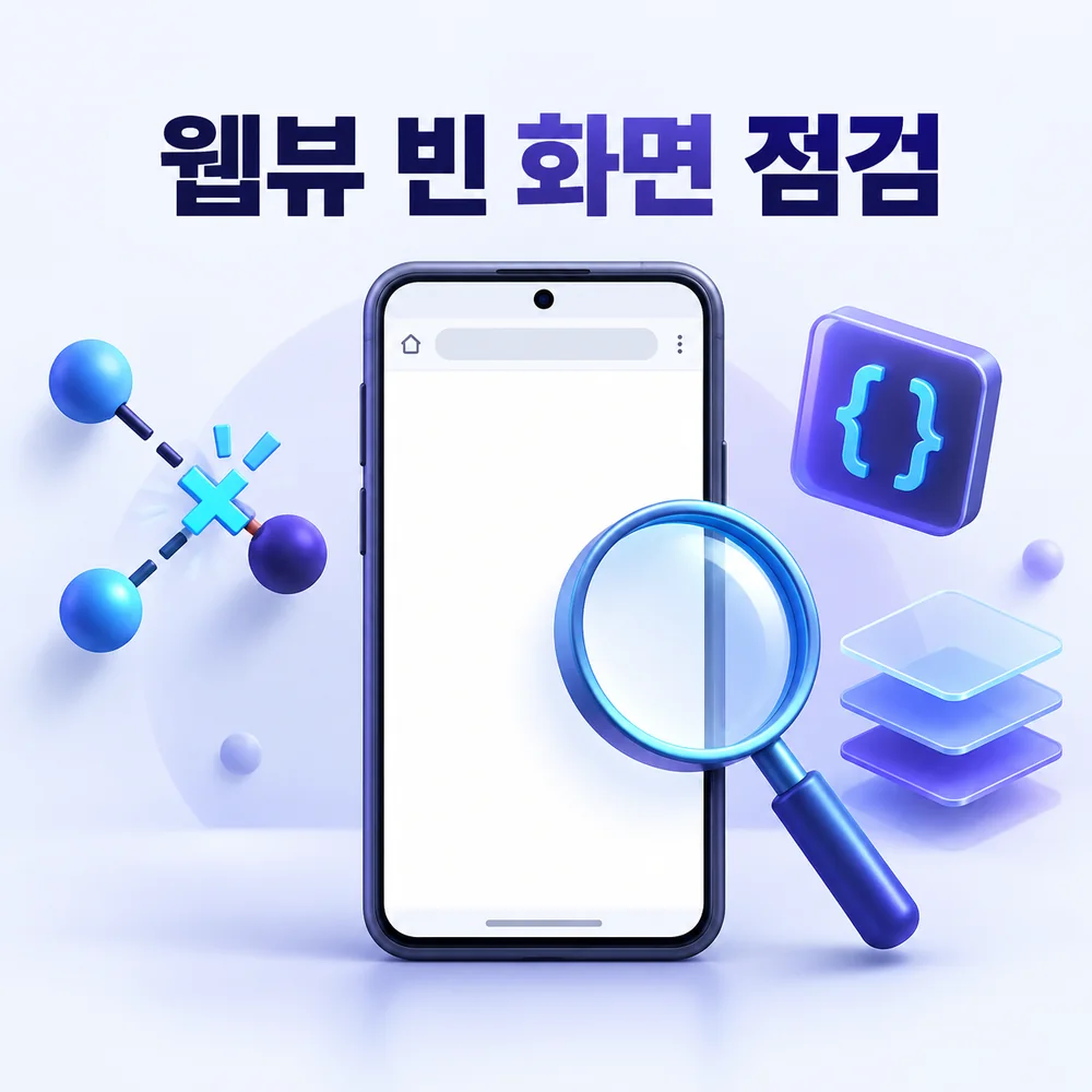 빈 화면의 Android WebView를 네트워크 연결, JavaScript 오류와 렌더링 상태로 나누어 점검하는 일러스트