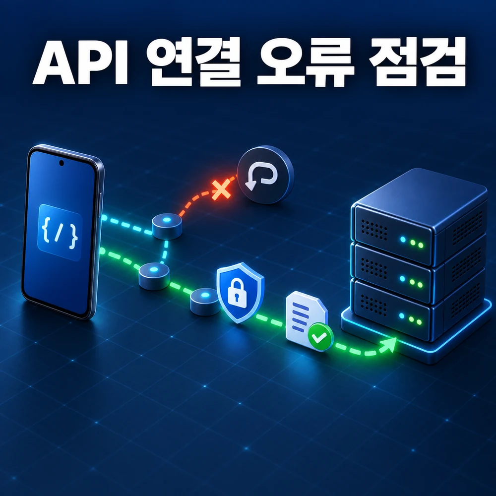 스마트폰에서 권한과 HTTPS 보안 경로를 거쳐 API 서버에 연결하는 오류 점검 일러스트