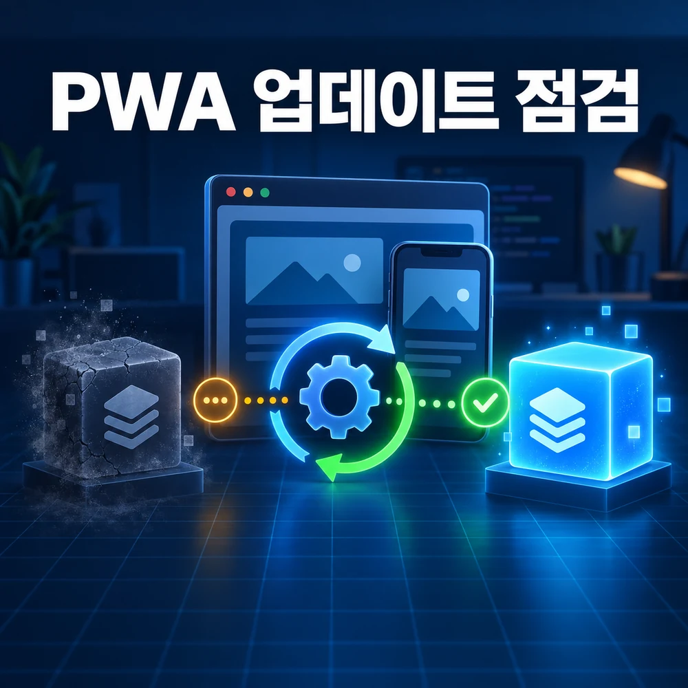오래된 PWA 캐시가 Service Worker 갱신을 거쳐 새 캐시로 교체되는 과정 일러스트