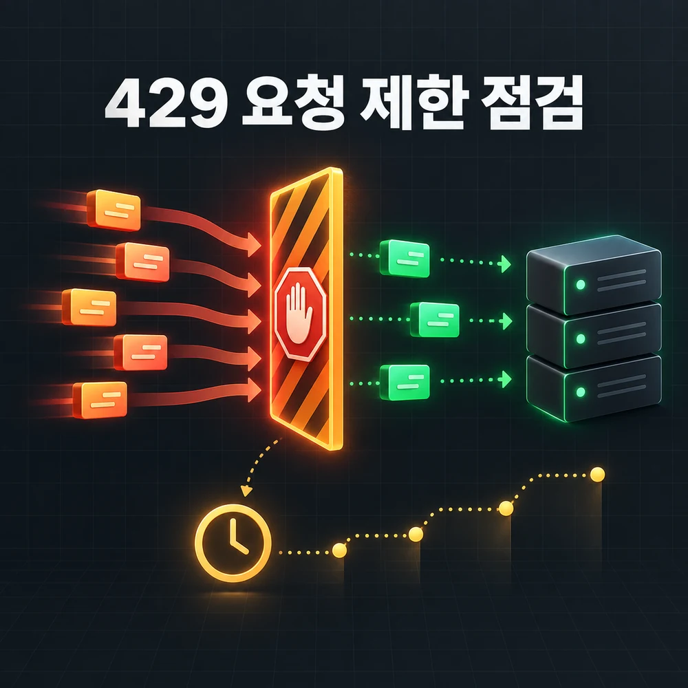 여러 웹 API 요청이 429 제한 게이트를 지나 재시도 간격을 조정하는 점검 과정 일러스트